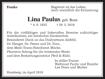 Traueranzeige von Lina Paulus von Alsfelder Allgemeine