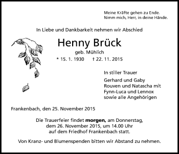 Traueranzeige von Henny Brück von Gießener Allgemeine, Alsfelder Allgemeine