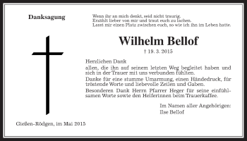 Traueranzeige von Wilhelm Bellof von Gießener Allgemeine, Alsfelder Allgemeine