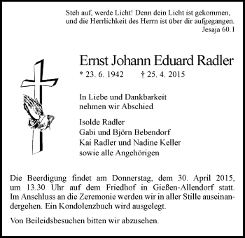 Traueranzeige von Ernst Johann Eduard Radler von Gießener Allgemeine, Alsfelder Allgemeine