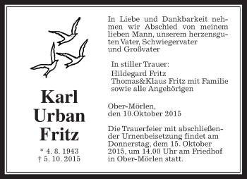 Traueranzeige von Karl Urban Fritz von Wetterauer Zeitung, Wetterauer Zeitung