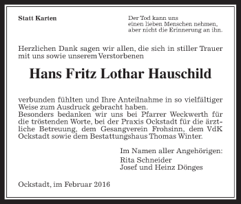 Traueranzeige von Hans Fritz Lothar Hauschild von Wetterauer Zeitung, Wetterauer Zeitung
