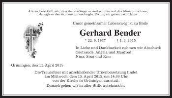 Traueranzeige von Gerhard Bender von Gießener Allgemeine, Alsfelder Allgemeine