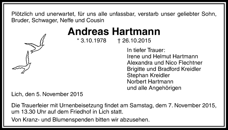  Traueranzeige für Andreas Hartmann vom 05.11.2015 aus Licher Wochenblatt, Licher Wochenblatt, Licher Wochenblatt