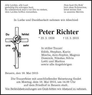 Traueranzeige von Peter Richter von Gießener Allgemeine, Alsfelder Allgemeine