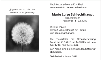 Traueranzeige von Marie Luise Schlechthaupt von Licher Wochenblatt, Licher Wochenblatt, Licher Wochenblatt