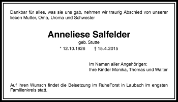 Traueranzeige von Anneliese Salfelder von Licher Wochenblatt, Licher Wochenblatt, Licher Wochenblatt