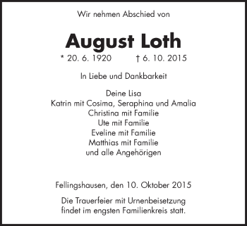 Traueranzeige von August Loth von Gießener Allgemeine, Alsfelder Allgemeine