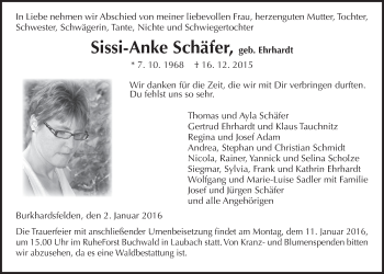 Traueranzeige von Sissi-Anke Schäfer von Gießener Allgemeine, Alsfelder Allgemeine