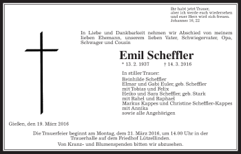 Traueranzeige von Emil Scheffler von Gießener Allgemeine, Alsfelder Allgemeine