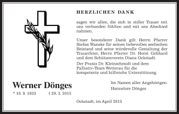 Traueranzeige von Werner Dönges von Wetterauer Zeitung, Wetterauer Zeitung