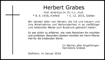 Traueranzeige von Herbert Grabes von Gießener Allgemeine, Alsfelder Allgemeine