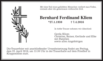Traueranzeige von Bernhard Ferdinand Kliem von Wetterauer Zeitung, Wetterauer Zeitung