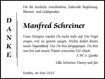 Traueranzeige von Manfred Schreiner von Wetterauer Zeitung, Wetterauer Zeitung