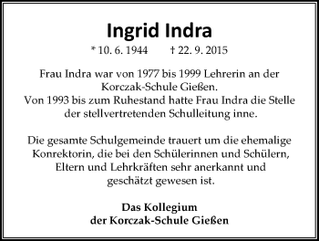 Traueranzeige von Ingrid Indra von Gießener Allgemeine, Alsfelder Allgemeine