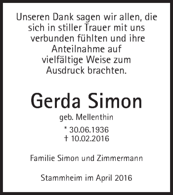 Traueranzeige von Gerda Simon von Wetterauer Zeitung, Wetterauer Zeitung