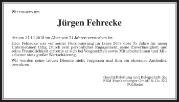 Traueranzeige von Jürgen Fehrecke von Gießener Allgemeine, Alsfelder Allgemeine