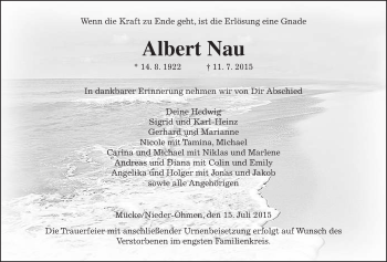 Traueranzeige von Albert Nau von Gießener Allgemeine, Alsfelder Allgemeine