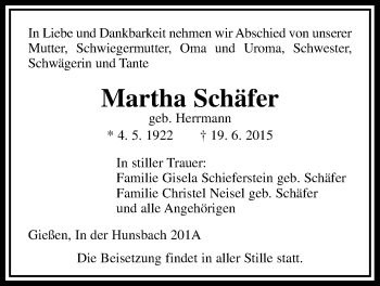 Traueranzeige von Martha Schäfer von Gießener Allgemeine, Alsfelder Allgemeine