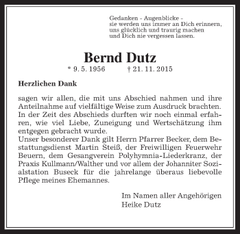 Traueranzeige von Bernd Dutz von Gießener Allgemeine, Alsfelder Allgemeine