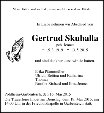 Traueranzeige von Gertrud Skuballa von Gießener Allgemeine, Alsfelder Allgemeine