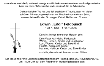 Traueranzeige von Edwin Feldbusch von Gießener Allgemeine, Alsfelder Allgemeine