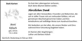 Traueranzeige von Anni Kölsch von Wetterauer Zeitung, Wetterauer Zeitung