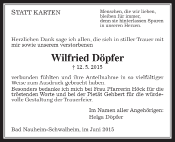 Traueranzeige von Wilfried Döpfer von Wetterauer Zeitung, Wetterauer Zeitung
