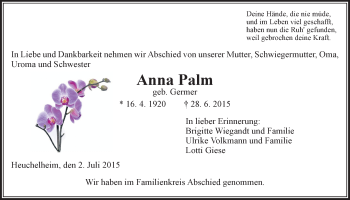 Traueranzeige von Anna Palm von Gießener Allgemeine, Alsfelder Allgemeine