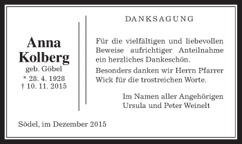 Traueranzeige von Anna Kolberg von Wetterauer Zeitung, Wetterauer Zeitung