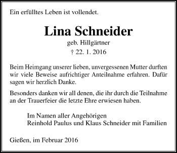 Traueranzeige von Lina Schneider von Gießener Allgemeine, Alsfelder Allgemeine