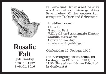 Traueranzeige von Rosalie Fait von Gießener Allgemeine, Alsfelder Allgemeine