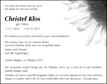 Traueranzeige von Christel Klos von Gießener Allgemeine, Alsfelder Allgemeine