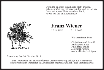 Traueranzeige von Franz Wiener von Alsfelder Allgemeine