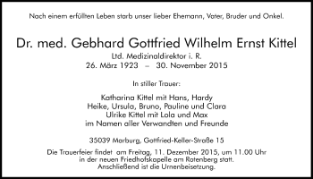 Traueranzeige von Gebhard Gottfried Wilhelm Ernst Kittel von Gießener Allgemeine, Alsfelder Allgemeine
