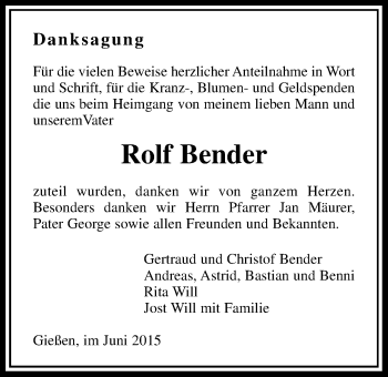 Traueranzeige von Rolf Bender von Gießener Allgemeine, Alsfelder Allgemeine