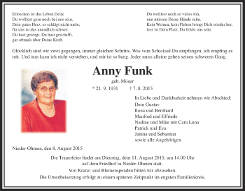 Traueranzeige von Anny Funk von Alsfelder Allgemeine