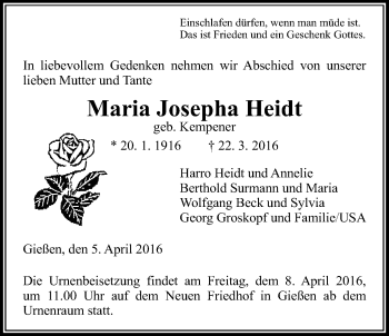 Traueranzeige von Maria Josepha Heidt von Gießener Allgemeine, Alsfelder Allgemeine