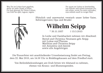Traueranzeige von Wilhelm Seipp von Gießener Allgemeine, Alsfelder Allgemeine