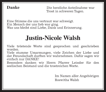 Traueranzeige von Justin-Nicole Walsh von Rabenauer Zeitung