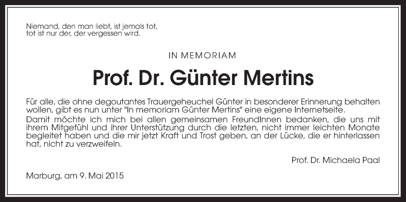  Traueranzeige für Günter Mertins vom 18.04.2015 aus 