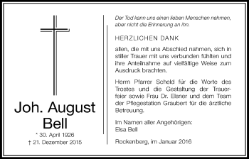 Traueranzeige von Joh. August Bell von Wetterauer Zeitung, Wetterauer Zeitung