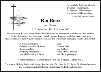 Traueranzeige von Ria Benz von Wetterauer Zeitung, Wetterauer Zeitung