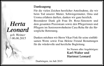 Traueranzeige von Herta Leonhard von Gießener Allgemeine, Alsfelder Allgemeine