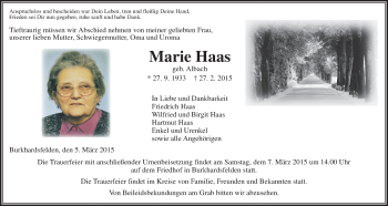 Traueranzeige von Marie Haas von Gießener Allgemeine, Alsfelder Allgemeine