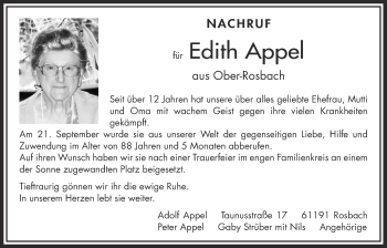 Traueranzeige von Edith Appel von Wetterauer Zeitung, Wetterauer Zeitung