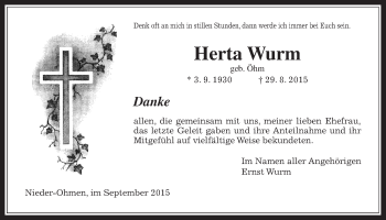 Traueranzeige von Herta Wurm von Alsfelder Allgemeine