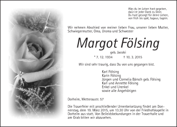 Traueranzeige von Margot Fölsing von Wetterauer Zeitung, Wetterauer Zeitung