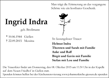 Traueranzeige von Ingrid Indra von Gießener Allgemeine, Alsfelder Allgemeine