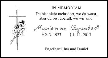 Traueranzeige von Marianne Wagenbach von Gießener Allgemeine, Alsfelder Allgemeine